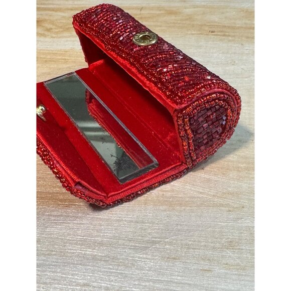 Beaded Red Lipstick Snap Closure & Interior Mirror - Picture 2 of 11